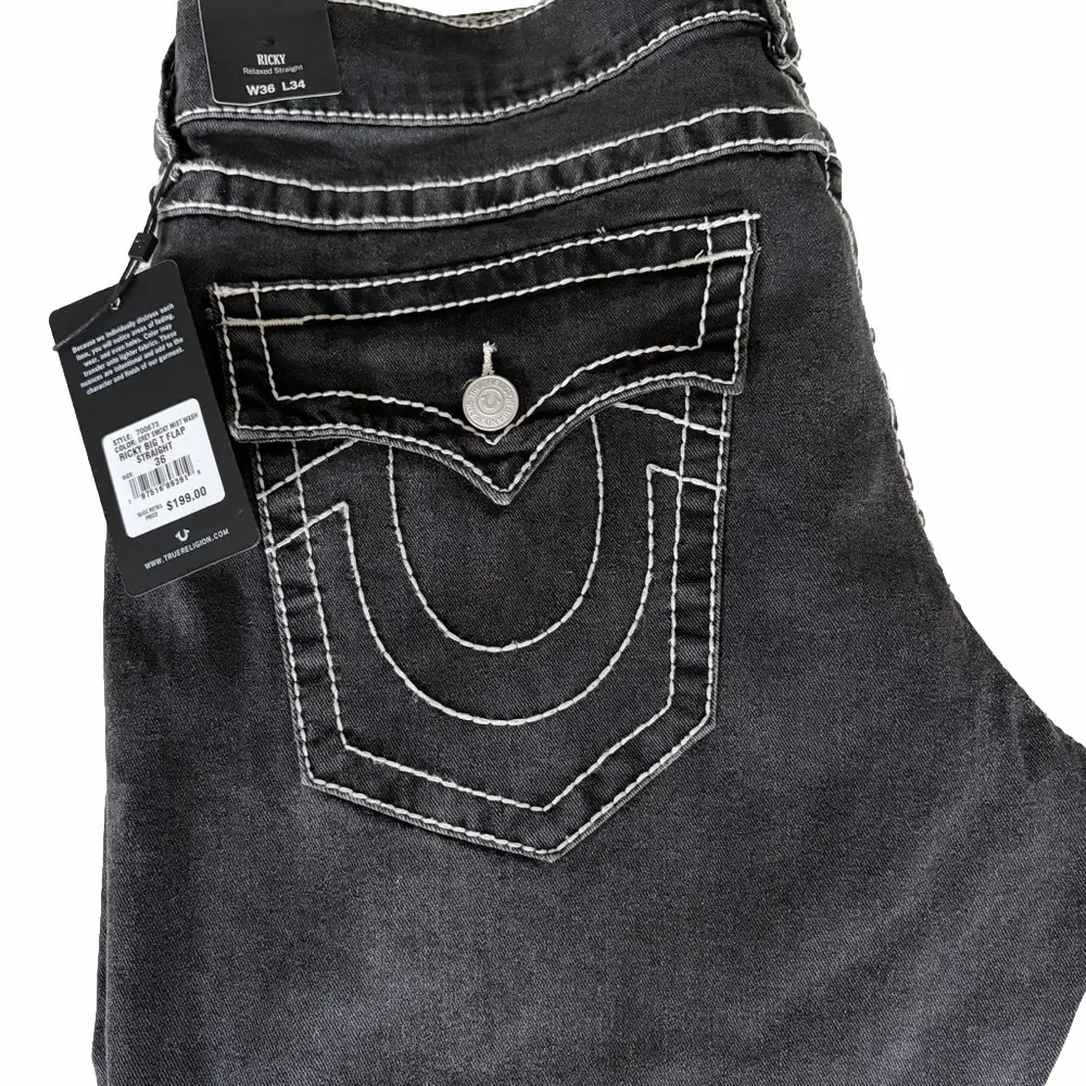 NWT Men's True Religion Grey Smoky Mist Jeans - Ricky, Relaxed Straight, W36 L34